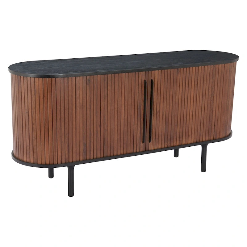 Buffet en MDF Noir et Noyer avec Pieds en Bois et Rangement – Simple