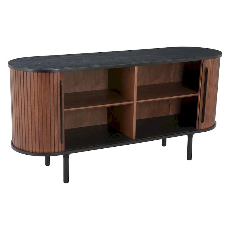Buffet en MDF Noir et Noyer avec Pieds en Bois et Rangement – Simple