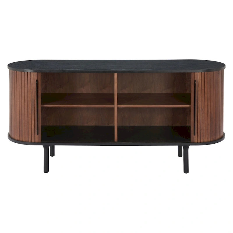 Buffet en MDF Noir et Noyer avec Pieds en Bois et Rangement – Simple
