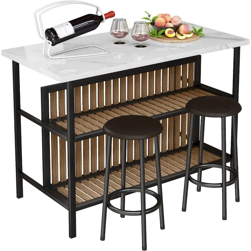 Îlot de cuisine en faux marbre blanc/brun vieilli/brun/beige avec 2 tabourets et étagères ouvertes – 2 places