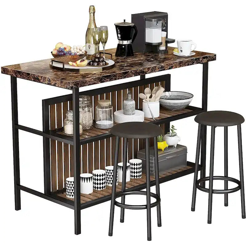 Îlot de cuisine en faux marbre blanc/brun vieilli/brun/beige avec 2 tabourets et étagères ouvertes – 2 places