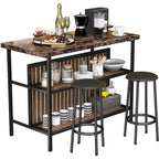 Îlot de cuisine en faux marbre blanc/brun vieilli/brun/beige avec 2 tabourets et étagères ouvertes – 2 places