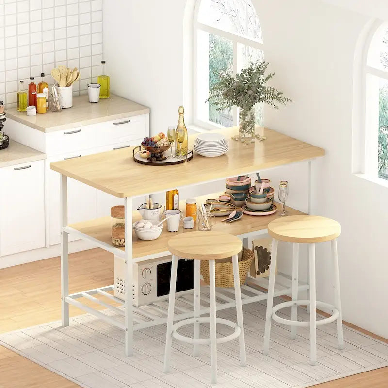 Îlot de cuisine en faux marbre blanc/brun vieilli/brun/beige avec 2 tabourets et étagères ouvertes – 2 places