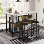 Îlot de cuisine en faux marbre blanc/brun vieilli/brun/beige avec 2 tabourets et étagères ouvertes – 2 places