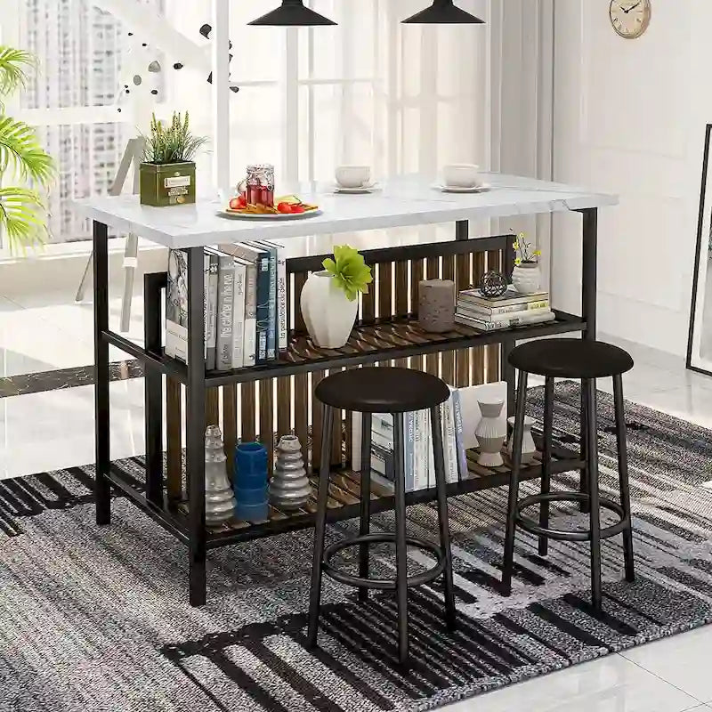 Îlot de cuisine en faux marbre blanc/brun vieilli/brun/beige avec 2 tabourets et étagères ouvertes – 2 places