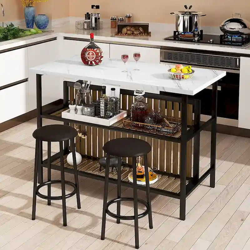 Îlot de cuisine en faux marbre blanc/brun vieilli/brun/beige avec 2 tabourets et étagères ouvertes – 2 places