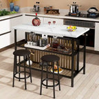 Îlot de cuisine en faux marbre blanc/brun vieilli/brun/beige avec 2 tabourets et étagères ouvertes – 2 places