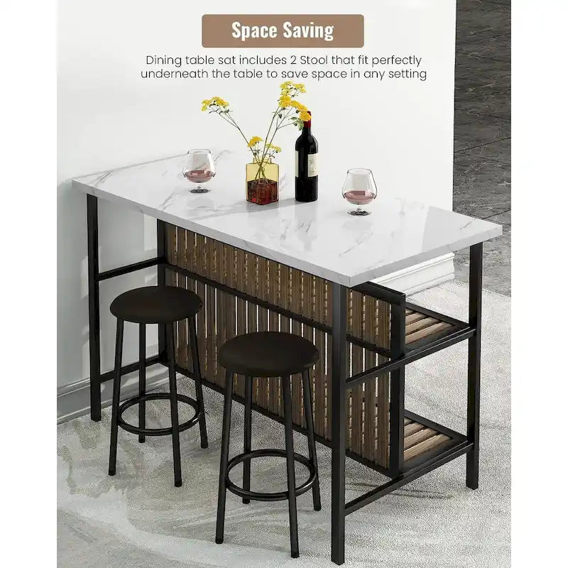 Îlot de cuisine en faux marbre blanc/brun vieilli/brun/beige avec 2 tabourets et étagères ouvertes – 2 places