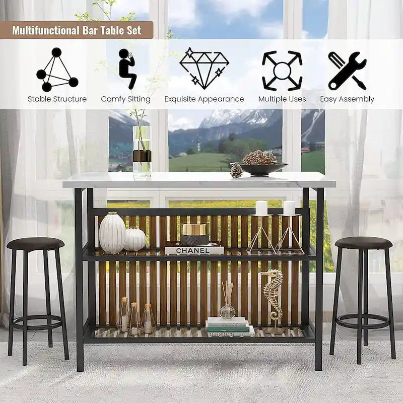 Îlot de cuisine en faux marbre blanc/brun vieilli/brun/beige avec 2 tabourets et étagères ouvertes – 2 places