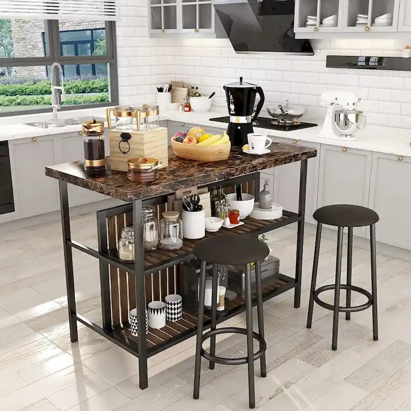 Îlot de cuisine en faux marbre blanc/brun vieilli/brun/beige avec 2 tabourets et étagères ouvertes – 2 places