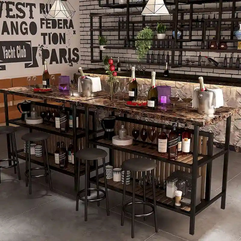 Îlot de cuisine en faux marbre blanc/brun vieilli/brun/beige avec 2 tabourets et étagères ouvertes – 2 places