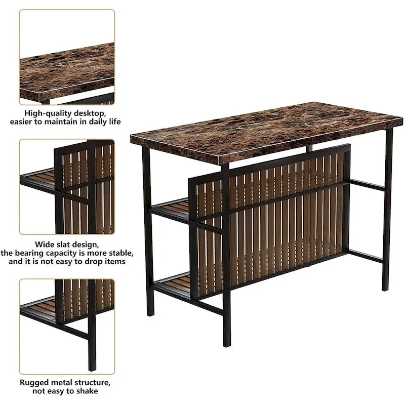 Îlot de cuisine en faux marbre blanc/brun vieilli/brun/beige avec 2 tabourets et étagères ouvertes – 2 places