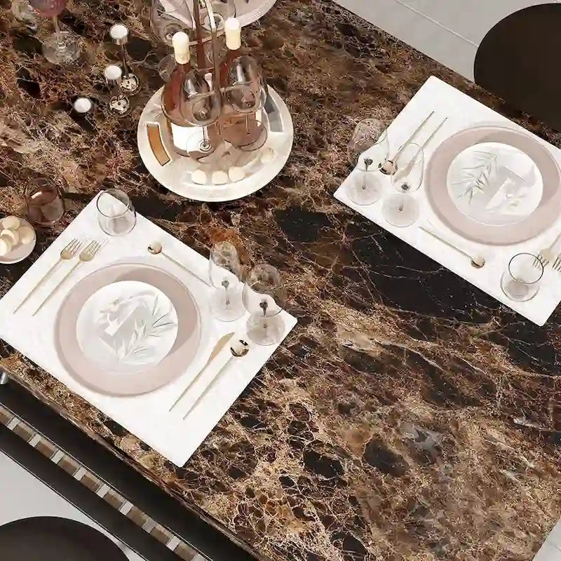 Îlot de cuisine en faux marbre blanc/brun vieilli/brun/beige avec 2 tabourets et étagères ouvertes – 2 places