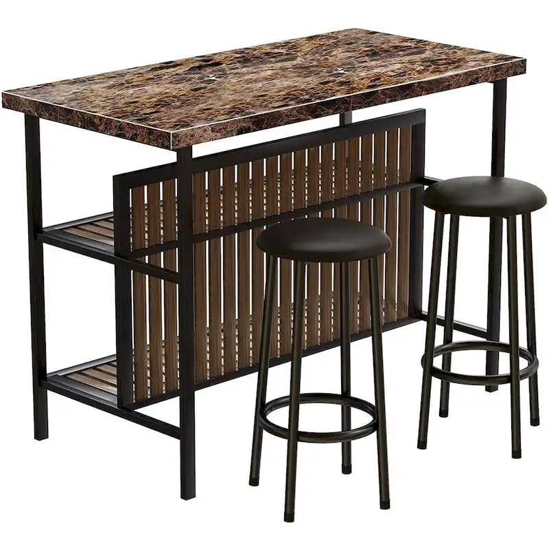 Îlot de cuisine en faux marbre blanc/brun vieilli/brun/beige avec 2 tabourets et étagères ouvertes – 2 places
