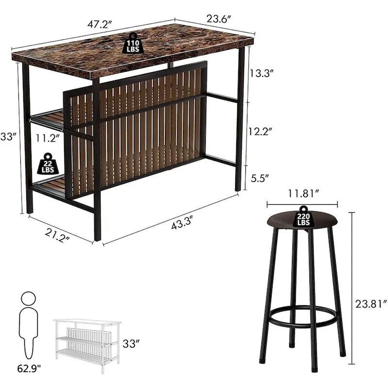 Îlot de cuisine en faux marbre blanc/brun vieilli/brun/beige avec 2 tabourets et étagères ouvertes – 2 places