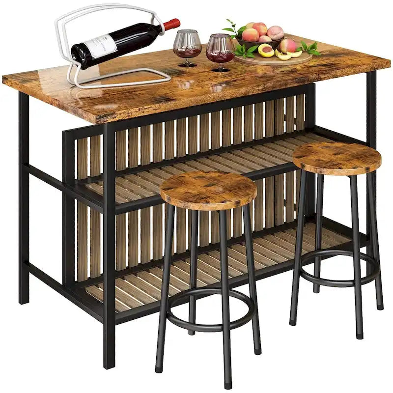 Îlot de cuisine en faux marbre blanc/brun vieilli/brun/beige avec 2 tabourets et étagères ouvertes – 2 places