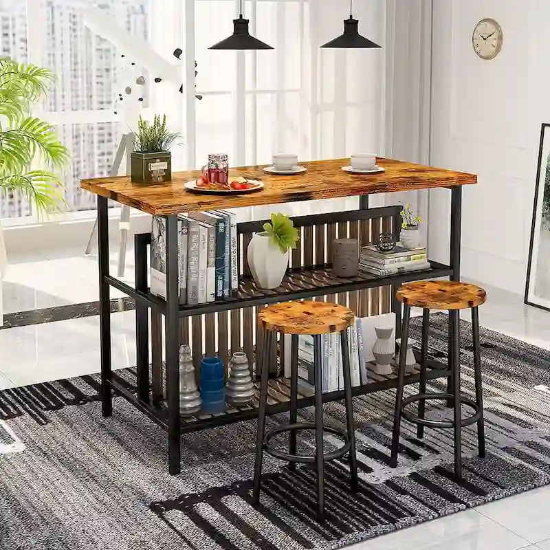 Îlot de cuisine en faux marbre blanc/brun vieilli/brun/beige avec 2 tabourets et étagères ouvertes – 2 places