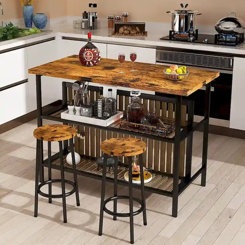 Îlot de cuisine en faux marbre blanc/brun vieilli/brun/beige avec 2 tabourets et étagères ouvertes – 2 places