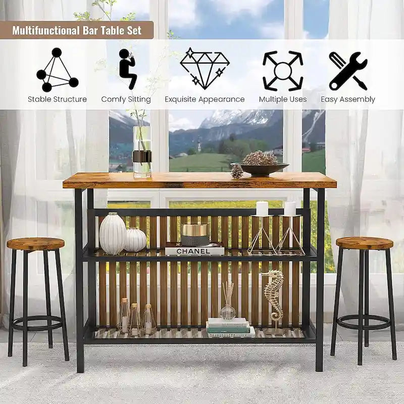 Îlot de cuisine en faux marbre blanc/brun vieilli/brun/beige avec 2 tabourets et étagères ouvertes – 2 places