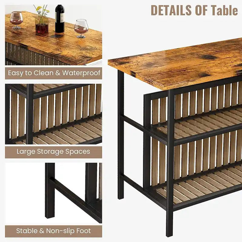 Îlot de cuisine en faux marbre blanc/brun vieilli/brun/beige avec 2 tabourets et étagères ouvertes – 2 places