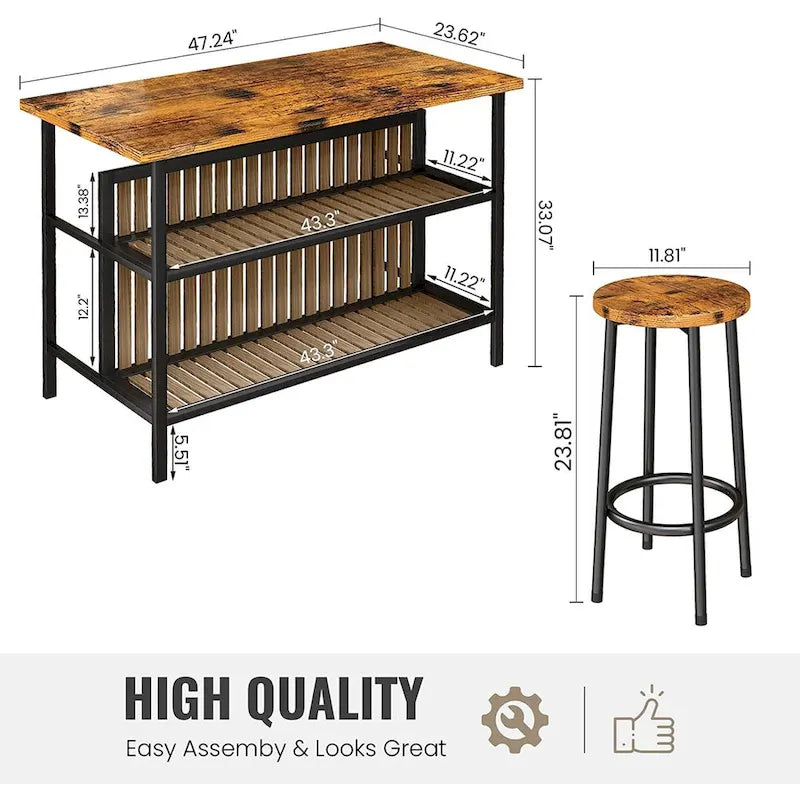 Îlot de cuisine en faux marbre blanc/brun vieilli/brun/beige avec 2 tabourets et étagères ouvertes – 2 places