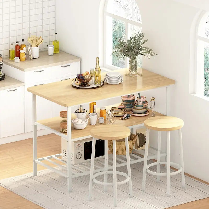 Îlot de cuisine en faux marbre blanc/brun vieilli/brun/beige avec 2 tabourets et étagères ouvertes – 2 places