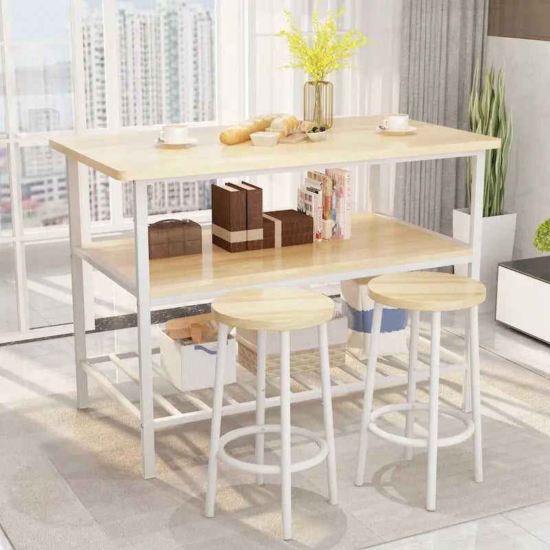 Îlot de cuisine en faux marbre blanc/brun vieilli/brun/beige avec 2 tabourets et étagères ouvertes – 2 places