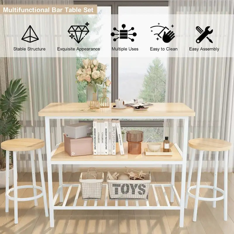 Îlot de cuisine en faux marbre blanc/brun vieilli/brun/beige avec 2 tabourets et étagères ouvertes – 2 places