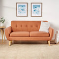 Causeuse de style mid-century orange brûlé / gris foncé / bleu avec dossier capitonné et pieds en bois – 2 places