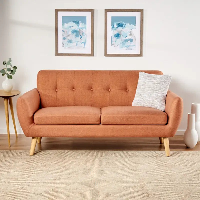 Causeuse de style mid-century orange brûlé / gris foncé / bleu avec dossier capitonné et pieds en bois – 2 places