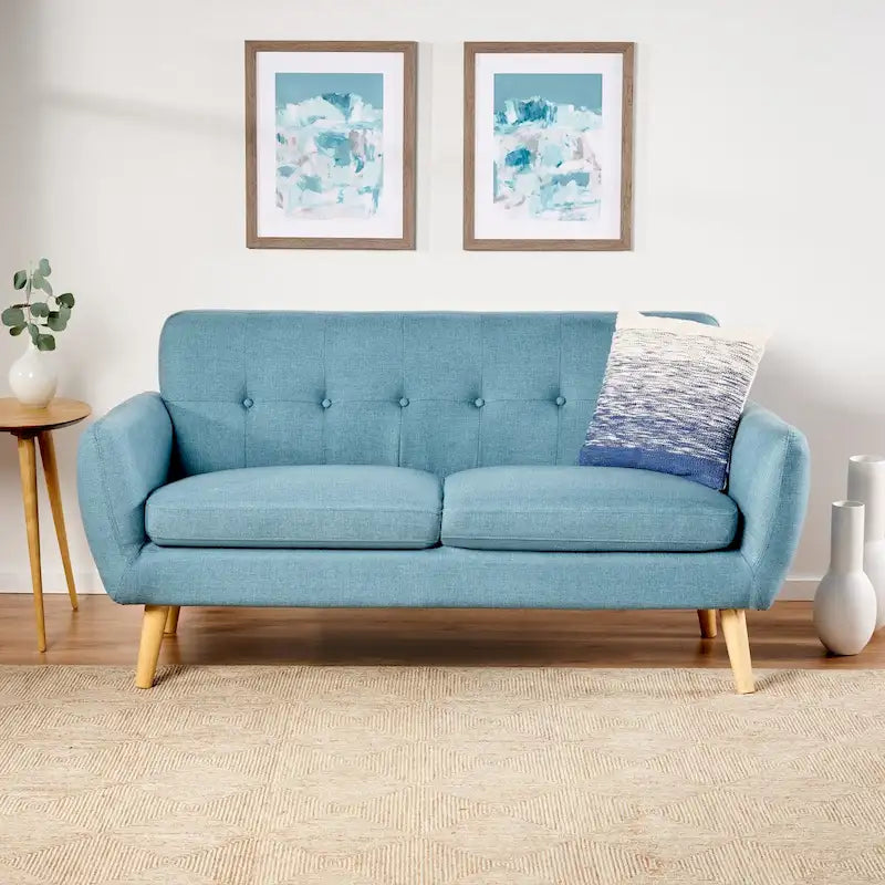 Causeuse de style mid-century orange brûlé / gris foncé / bleu avec dossier capitonné et pieds en bois – 2 places