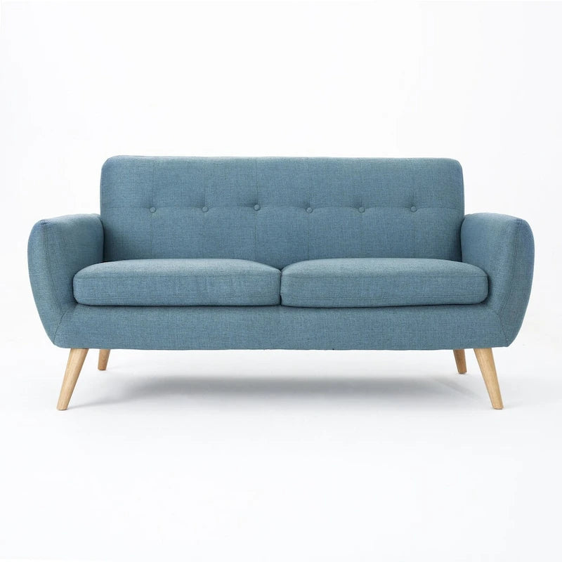 Causeuse de style mid-century orange brûlé / gris foncé / bleu avec dossier capitonné et pieds en bois – 2 places