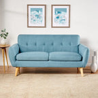 Causeuse de style mid-century orange brûlé / gris foncé / bleu avec dossier capitonné et pieds en bois – 2 places