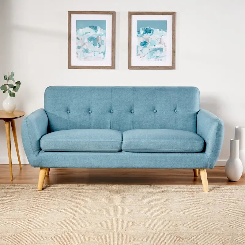 Causeuse de style mid-century orange brûlé / gris foncé / bleu avec dossier capitonné et pieds en bois – 2 places