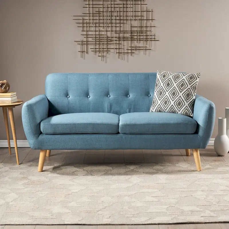 Causeuse de style mid-century orange brûlé / gris foncé / bleu avec dossier capitonné et pieds en bois – 2 places