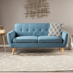 Causeuse de style mid-century orange brûlé / gris foncé / bleu avec dossier capitonné et pieds en bois – 2 places