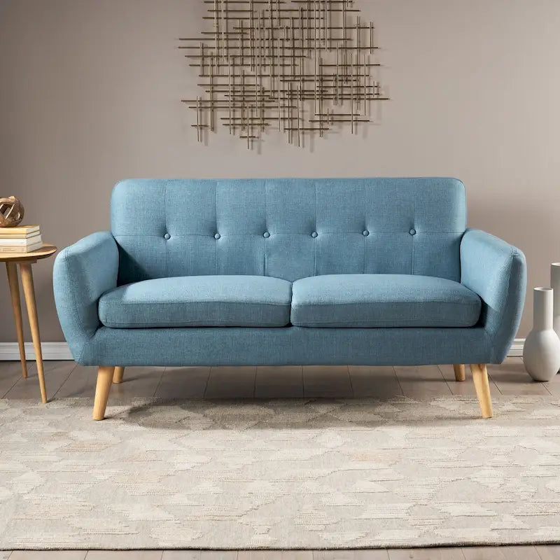 Causeuse de style mid-century orange brûlé / gris foncé / bleu avec dossier capitonné et pieds en bois – 2 places