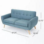 Causeuse de style mid-century orange brûlé / gris foncé / bleu avec dossier capitonné et pieds en bois – 2 places