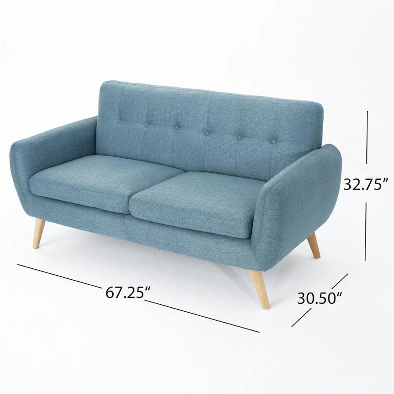 Causeuse de style mid-century orange brûlé / gris foncé / bleu avec dossier capitonné et pieds en bois – 2 places