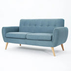 Causeuse de style mid-century orange brûlé / gris foncé / bleu avec dossier capitonné et pieds en bois – 2 places