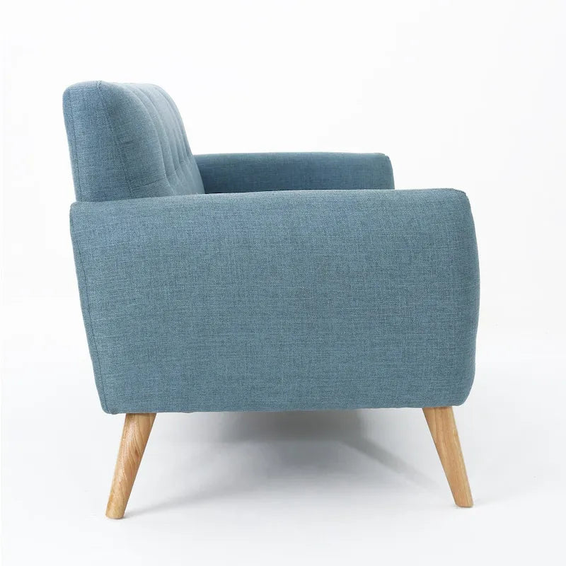 Causeuse de style mid-century orange brûlé / gris foncé / bleu avec dossier capitonné et pieds en bois – 2 places