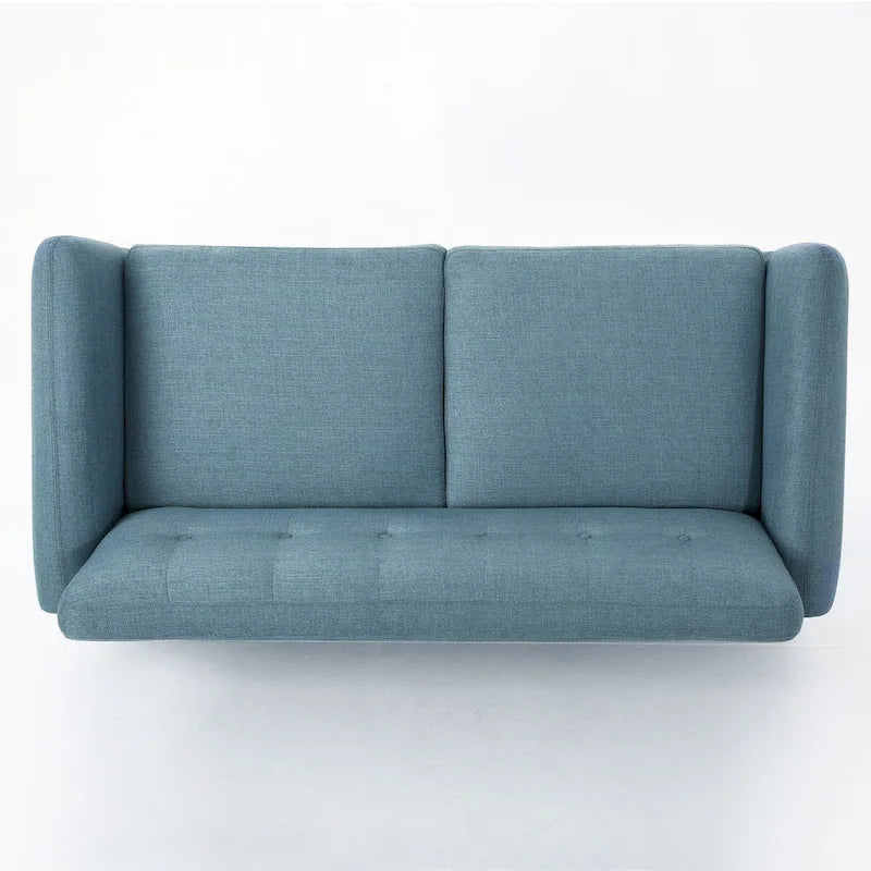 Causeuse de style mid-century orange brûlé / gris foncé / bleu avec dossier capitonné et pieds en bois – 2 places