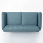 Causeuse de style mid-century orange brûlé / gris foncé / bleu avec dossier capitonné et pieds en bois – 2 places
