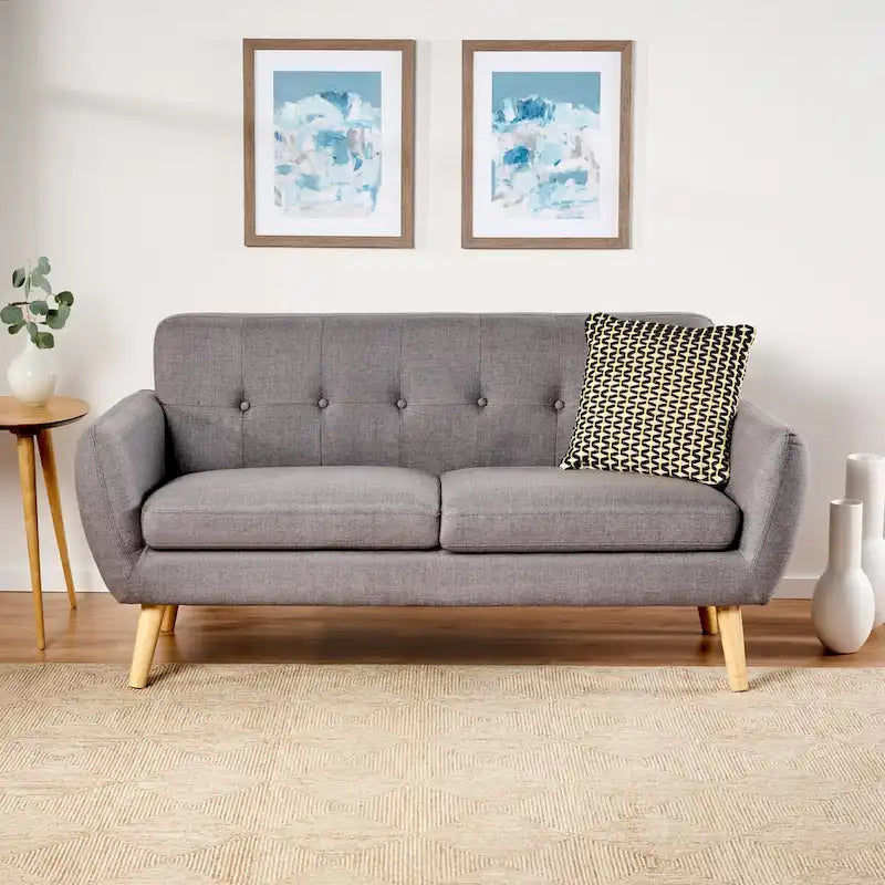 Causeuse de style mid-century orange brûlé / gris foncé / bleu avec dossier capitonné et pieds en bois – 2 places