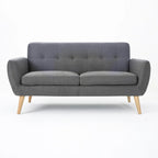 Causeuse de style mid-century orange brûlé / gris foncé / bleu avec dossier capitonné et pieds en bois – 2 places