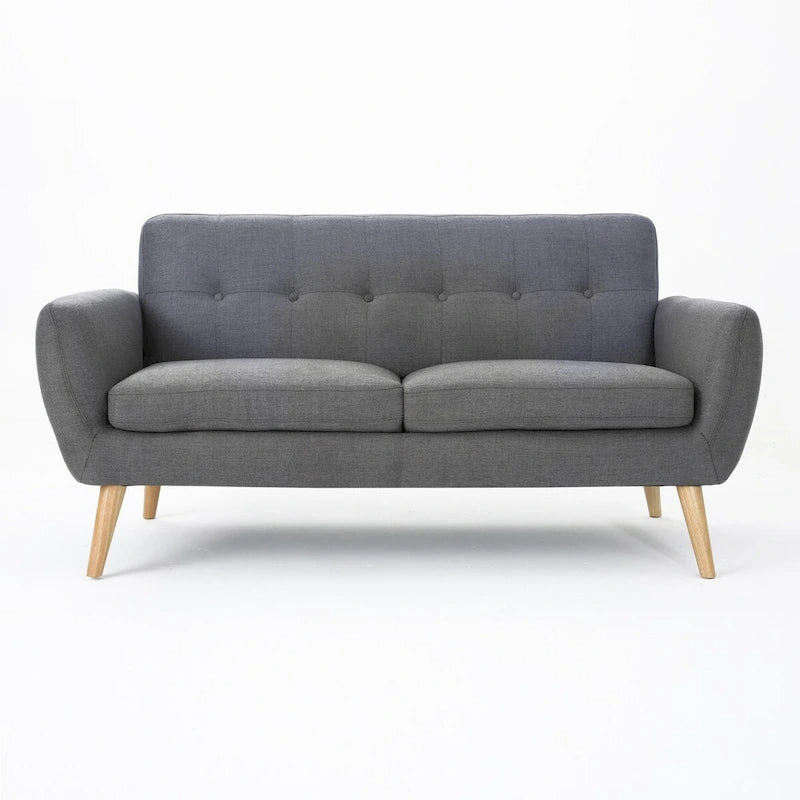Causeuse de style mid-century orange brûlé / gris foncé / bleu avec dossier capitonné et pieds en bois – 2 places