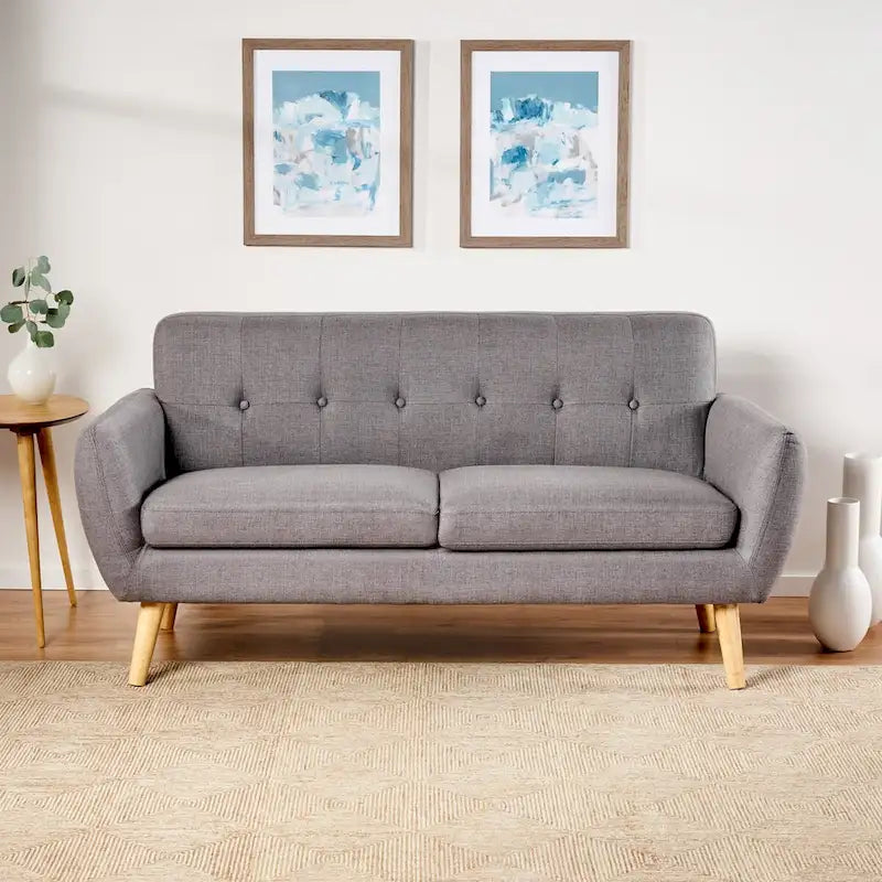 Causeuse de style mid-century orange brûlé / gris foncé / bleu avec dossier capitonné et pieds en bois – 2 places