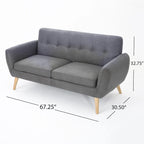 Causeuse de style mid-century orange brûlé / gris foncé / bleu avec dossier capitonné et pieds en bois – 2 places