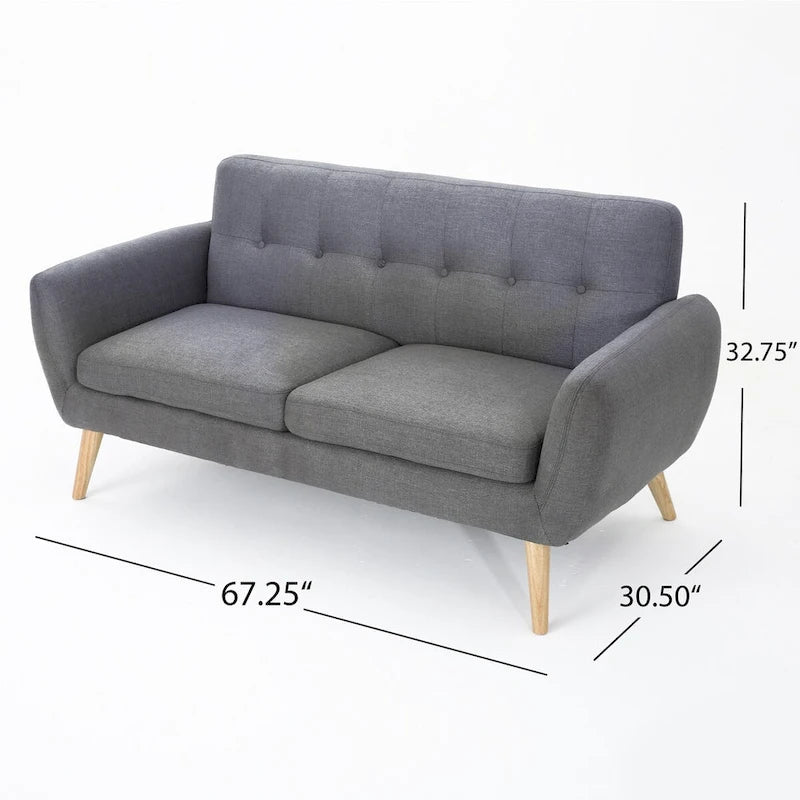 Causeuse de style mid-century orange brûlé / gris foncé / bleu avec dossier capitonné et pieds en bois – 2 places