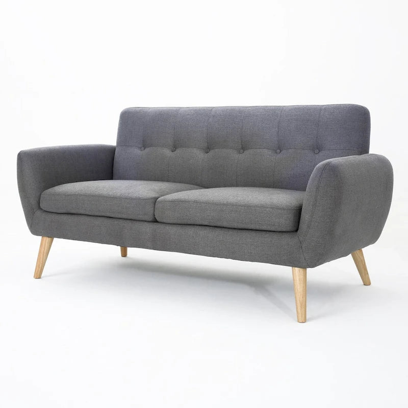 Causeuse de style mid-century orange brûlé / gris foncé / bleu avec dossier capitonné et pieds en bois – 2 places